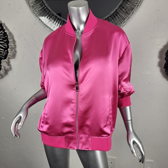 EXPRESS~SZ L~BRIGHT PINK SATIN LIKE FULL ZIP RUCHED SLEEVE BOMBER JACKET COAT - Picture 5 of 16